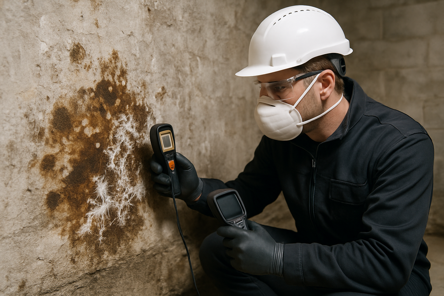 Évaluation professionnelle d'un mur de cave humide infecté par la mérule, avec expert utilisant des outils de diagnostic.