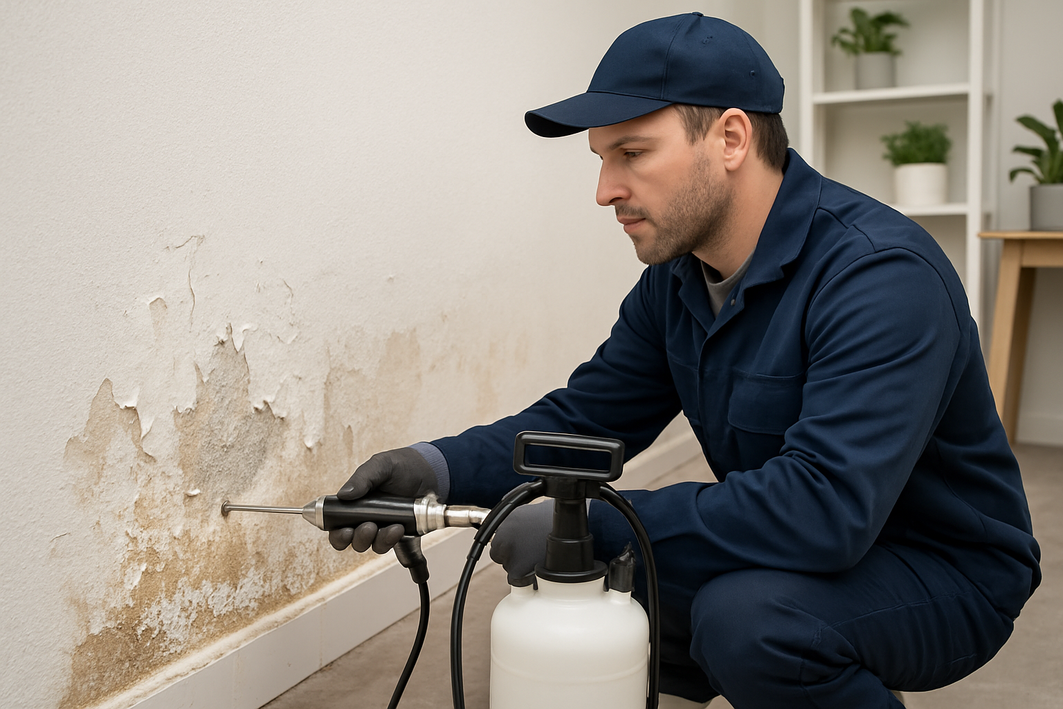 opstijgend-vocht-herkennen-en-effectief-stoppen-in-uw-huis Technician injecting moisture barrier in a wall to treat rising damp, with visible damp signs and professional equipment in a home setting.